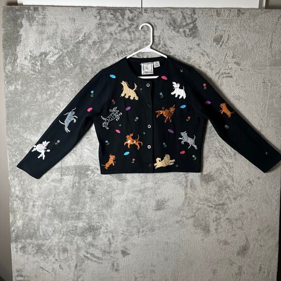 Vintage Whimsical Puppy Embroidered Cardigan Black Button Up Dog Lover Medium - Picture 1 of 7
